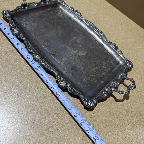 VTG Silverplate Serving Tray Ornate Scroll Handles 21.5x14 Unmarked - Picture 8 of 9
